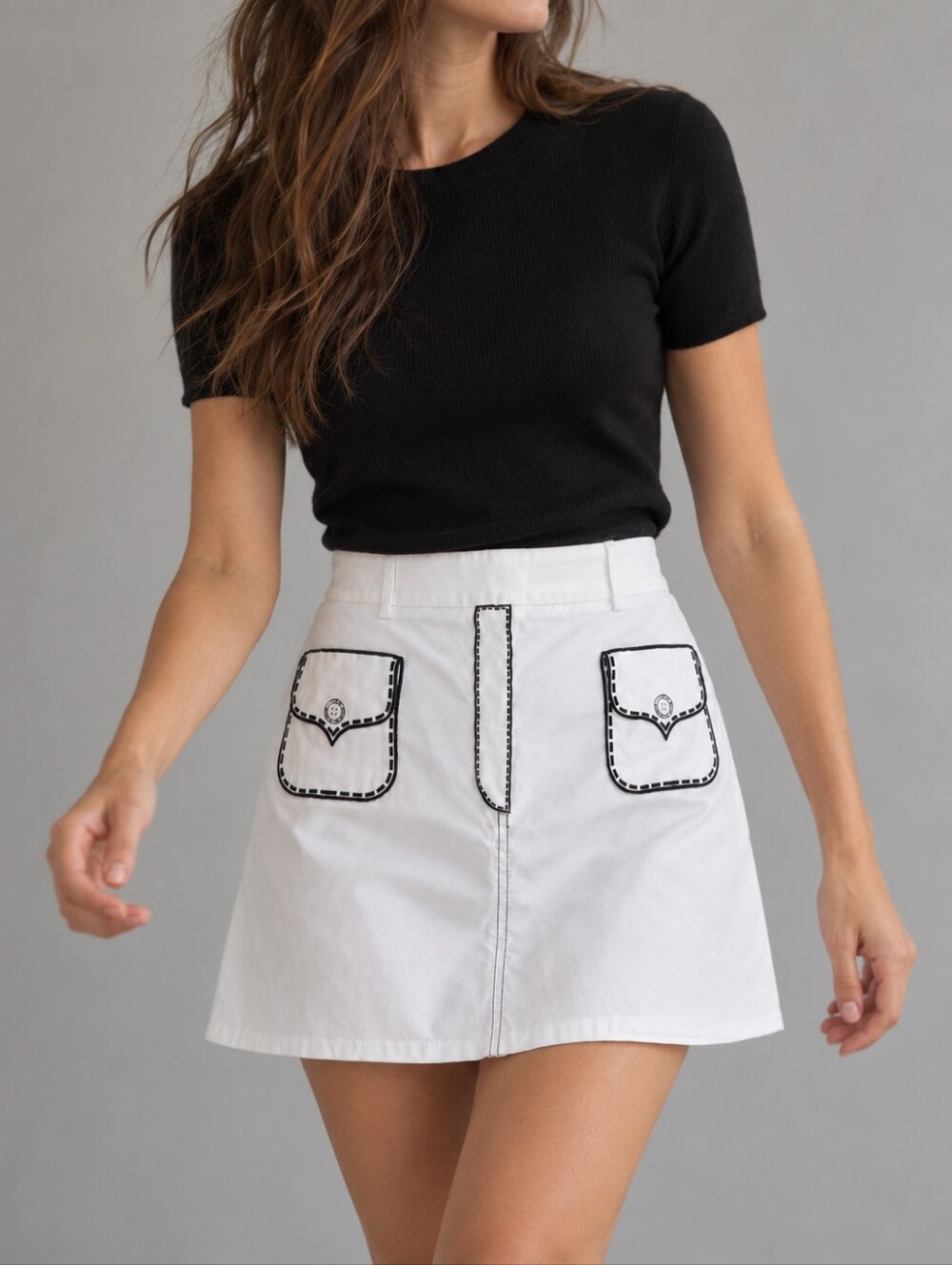 Roberta di Camerino Trompe L'Oeil White A Line Skirt Black Graphic Womens US 10